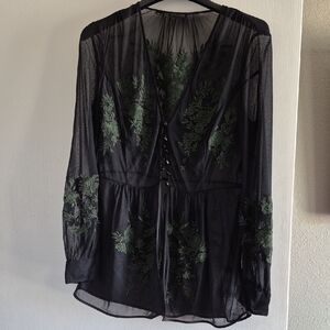 Carlisle Black Sheer Blouse with Green Embroidery